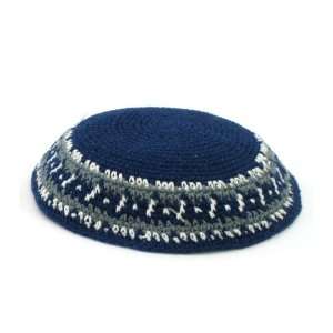   Knitted Kippah with Green and Blue Geometric Pattern 
