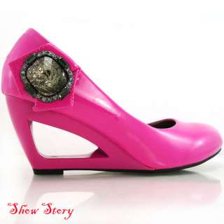 New Hot Pink Gems Geometric Cutout Wedge Shoes UK Sz 3  