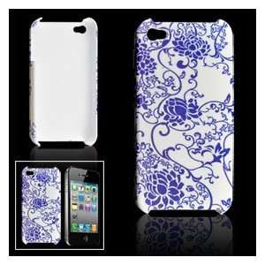  Blue Floral Pattern White Plastic Back Cover for iPhone 4 