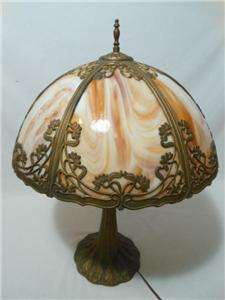 Antique Art Nouveau Rich Caramel Slag Glass 6 Panel Table Lamp Fern 
