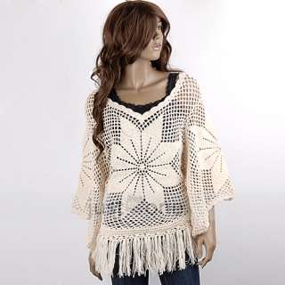 Fashion Casual Womens Girls Tassel Hem Crochet Flower Sweater Smock 