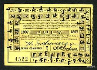 FERRY Ticket SAN FRANCISCO BAY July 1897 Southern Pacific Rwy POSTPAID 