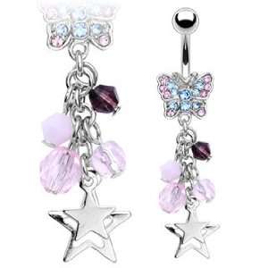 316L Surgical Steel 2 Tone Gemmed Butterfly Belly Ring 