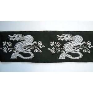  Black and Metallic Silver Dragon Jacquard Ribbon Trim By 