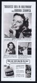 1941 Calox Tooth Powder Pretty Barbara Stanwyck Print Ad  