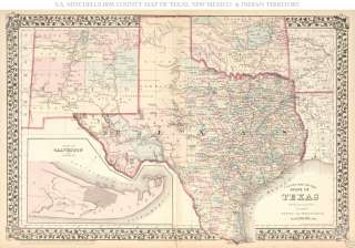 Striking 1876 TEXAS County Map~Forts~Trails~Rails~18x24  