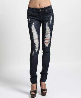 MOGAN Heavy Destroyed Dark Washed SKINNY JEANS LowRise Ripped Pencil 