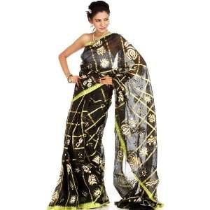  Black Hand Painted Sari from Bihar   Pure Cotton 