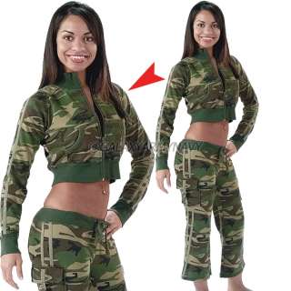   Woodland Camouflage Crop Top Zip Sweatshirt Military Belly Shirt
