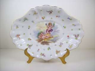 Vintage Antique Angels Cherubs Porcelain Bowl Gold Trim Oval Shape 