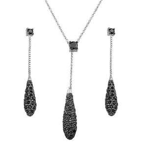 925 Sterling Silver CZ Black Stud Drop Hangin Earrings and Matching 