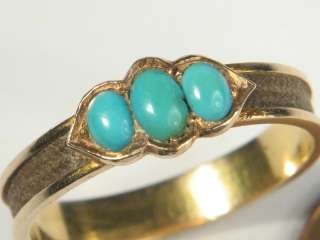  VICTORIAN ENGLISH 15K GOLD TURQUOISE HAIR MOURNING BAND RING c1890
