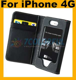 Black Leather Case Cover Wallet Bumper For iPhone 4G 4  