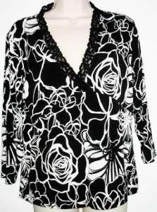 CHICOS Black & White Watercolor Rose Design 3/4 Sleeve Blouse SZ 1 (8 