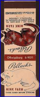 1950s Pollacks Mink Farm Contour Matchcover  Deer Lake (PA)  