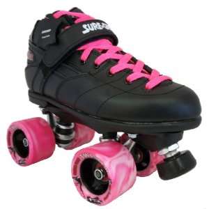  Sure Grip Rebel Black Leather Boots with Pink and White 