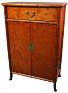 the burl wood shoe cabinet boasts two doors and a drawer with antique 