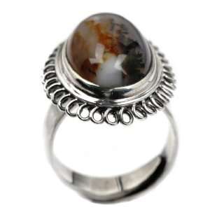Moss Agate and Sterling Silver One of a Kind Simple Adjustable Ring 