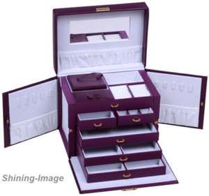BEAUTIFUL LARGE PURPLE LEATHER JEWELRY BOX With TRAVEL CASE & LOCK 