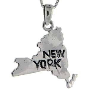 925 Sterling Silver New York State Map Pendant (w/ 18 Silver Chain 