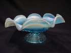 BLUE OPALESCENT COMPOTE PEDESTAL GLASS NUT RUFFLE BOWL