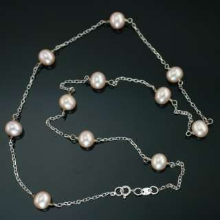 Vintage 14K White Gold Pearl Tin Cup Station Chain 16 Necklace 6mm 