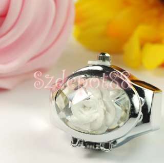 White Flower Inlay Oval Cover stretchable Finger Ring time Watch Gift 