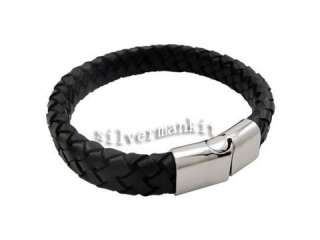 Mens Silver Black Genuine Cattle Leather Magnetic Stainless 