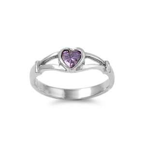  Sterling Silver Heart Baby Ring with Amethyst CZ Stone 