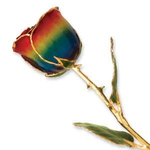    Long Stem 24k Dipped Gold Trim Rainbow Rose With Gift Box Jewelry