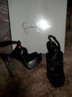 JESSICA SIMPSON Black Cutout High HEELS shoes sz 7 SNAKE metallic $90 