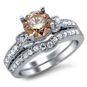  2.13ct Brown Round Diamond Engagement Ring Bridal Set 18k 