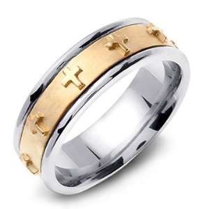   14K Two Tone Gold Christian Cross Handmade Wedding Band Ring Jewelry