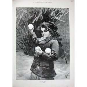   1894 Johnson Fine Art Little Girl Snowball Winter Snow