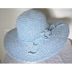  Tanday Floppy Beach Crocheted Straw Hat   Blue with Flower 