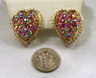 Vintage Paved Red AB Rhinestone Heart Clip Earrings Gold Tone  