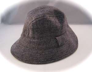 Vintage Shandon Mens Black Herringbone Wool Fedora Hat/Cap Ireland 