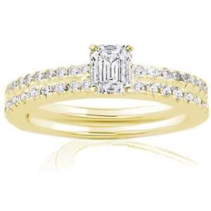  0.95 Ct Emerald Cut Diamond Wedding Rings Pave Set SI1 E 