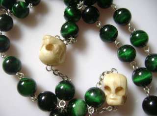Rare (peacock green) Tiger Eye Beads Bone Skull Rosary  