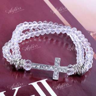 12 Colors 2 Row Faceted Crystal Glass Cross Beads Bracelet Wristband 