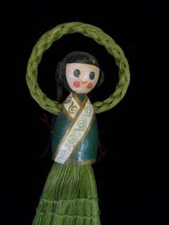 Old Cute braided hair Doll green straw broom 10 Long  