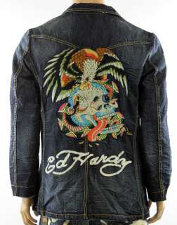 100% Auth Ed Hardy Tiger VS Snake Mens Jeans Jacket Single Buttons 