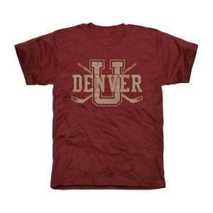 Denver Pioneers Crossed Sticks Tri Blend T Shirt   Maroon  