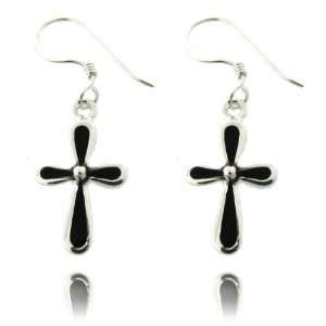  Sterling Silver Black onyx Cross Hanging Earrings: Jewelry
