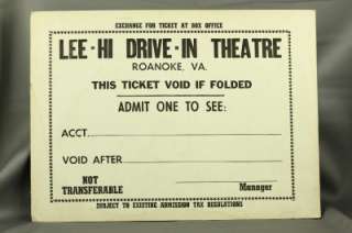   Advertising Paper Lee Hi Drive In Theatre Roanoke VA Ticket Poster