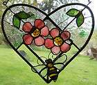 LEADED STAINED GLASS HEART/PINK 3 D DESERT ROSE FLOWERS