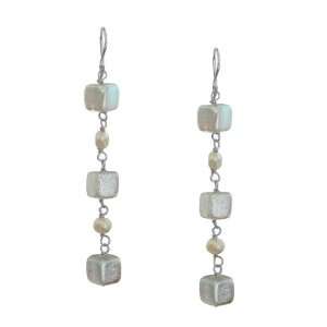   Hanging Silver Box Shaped Bead with Cultured Pearl Earrings Jewelry