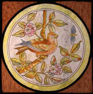 FABULOUS VICTORIAN PAINTED BIRD STAINED GLASS TRANSOM WINDOW  
