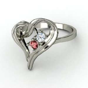  Mothers Heart Ring, 14K White Gold Ring with Red Garnet 