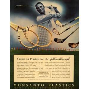 1939 Ad Monsanto Plastics Golf Golfer Tennis Racquet   Original Print 